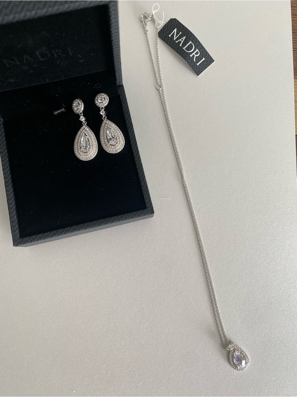 Nadri Silver Teardrop CZ Pendant Necklace with Matching Drop Earrings